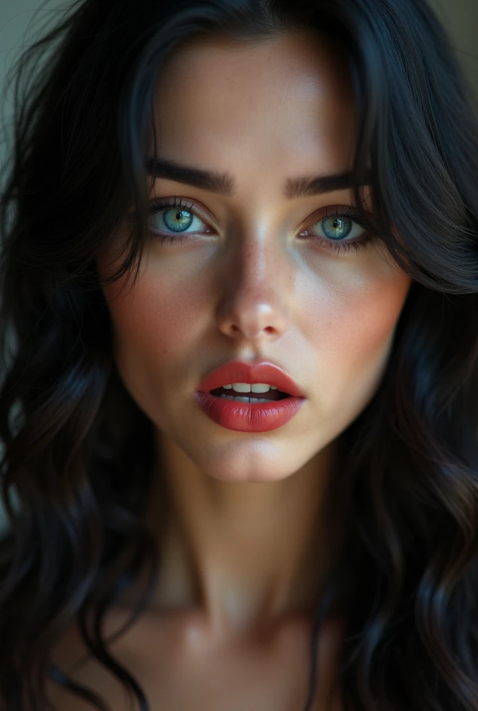 The face of a beautiful European woman, with turquoise blue eyes, perfect skin, wavy black hair, white and full skin, red lips making an orgasm face with sad eyebrows and open mouth