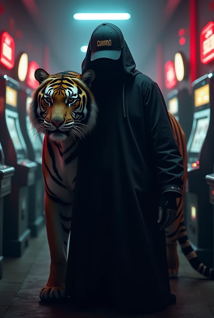dark man, slots background, cap with the word GUINHO written on it, and a tiger by your side
