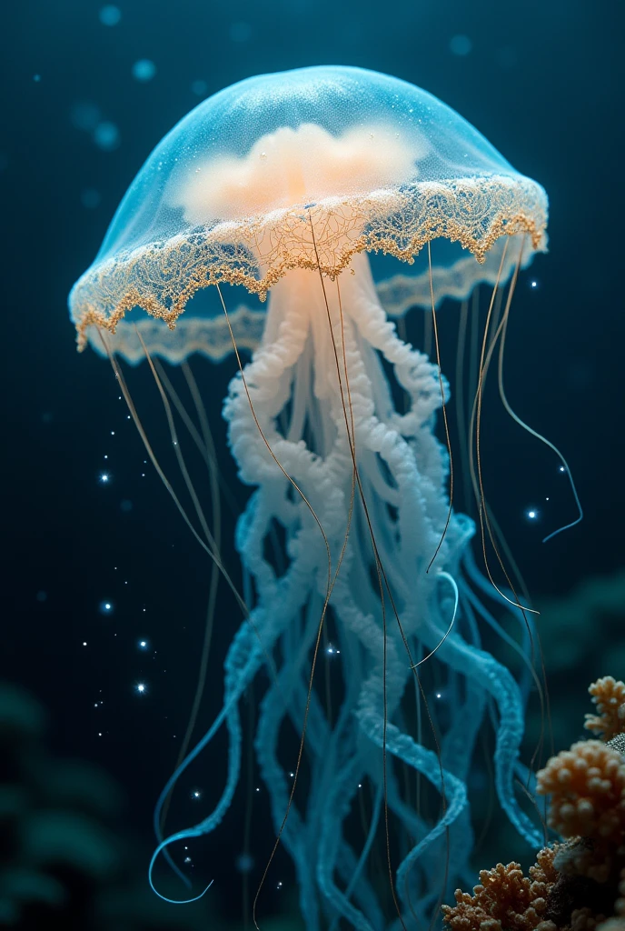 photo RAW, (Black and pink : Portrait of a ghostly jellyfish, shiny aura, highly detailed, gold filigree, intricate motifs, organic tracery, by Android jones, Januz Miralles, Hikari Shimoda, glowing stardust by W. Zelmer, perfect composition, smooth, sharp focus, sparkling particles, lively coral reef background Realistic, realism, hd, 35mm photograph, 8k), masterpiece, award winning photography, natural light, perfect composition, high detail, hyper realistic