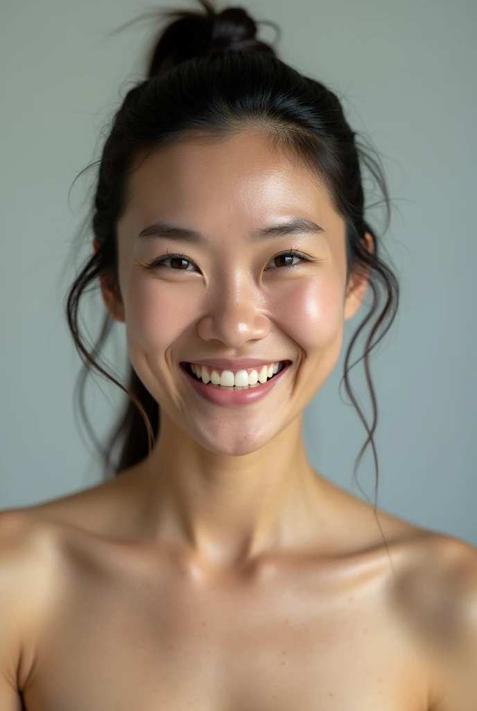 Close-up of a 40-year-old middle-aged Japanese woman wearing glasses。Naked、Small breasts、Skinny、Hair slicked back in a ponytail、Grin。