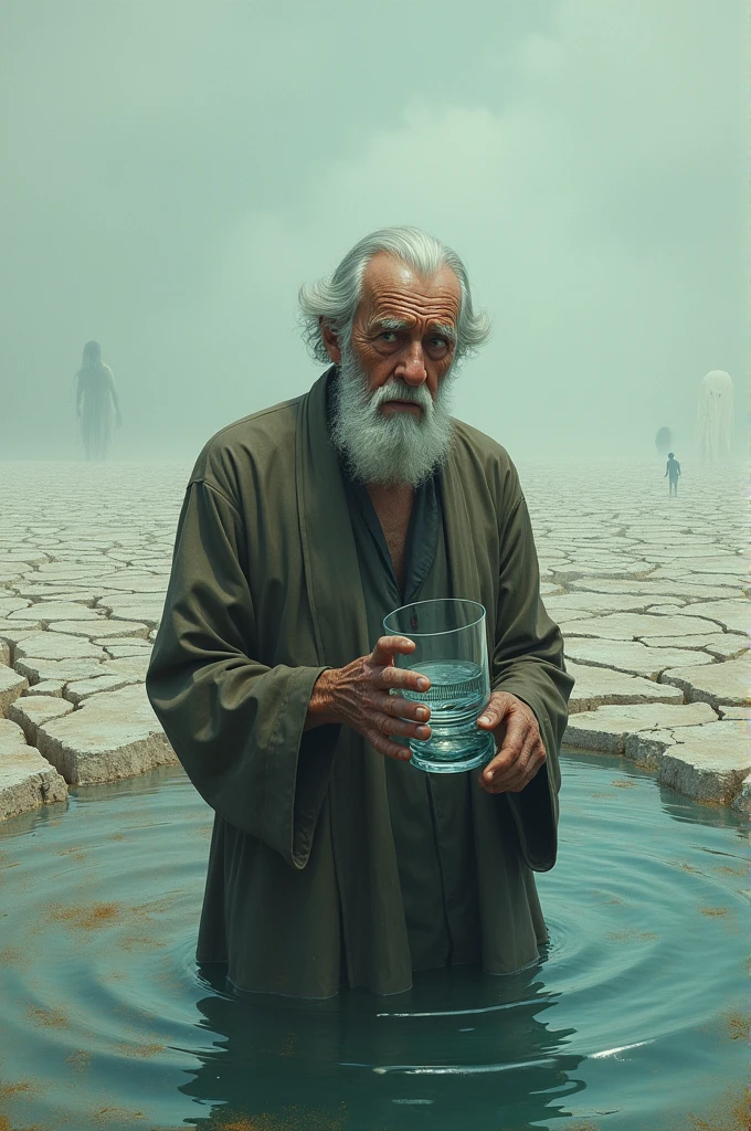 Make a picture of a man(Unrealistic drawing) Old man in the middle of an almost dry ocean with a glass of water in his hand