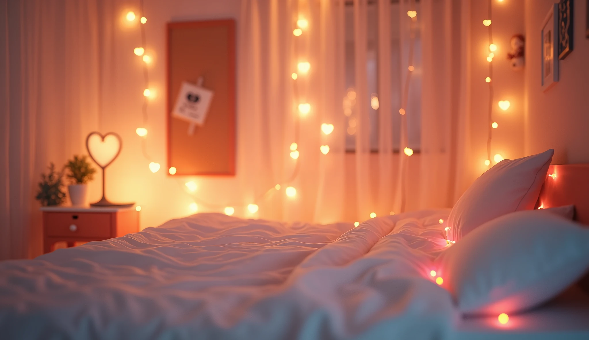 Background image, bed with white sheets, table lamp, heat fairy lights, warm soft light, no people, indoors, heart effects, 2.5D, delicate and dynamic, graphic CG digital art