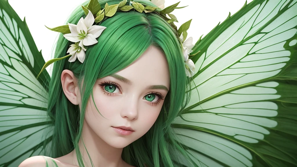 “Create an extreme close-up portrait of a Leaf Fairy. The fairy should have vibrant green hair, delicate leaf or flower-like wings, and a serene expression. The background should be heavily blurred to emphasize the fairy’s face, with soft, nature-inspired colors.”