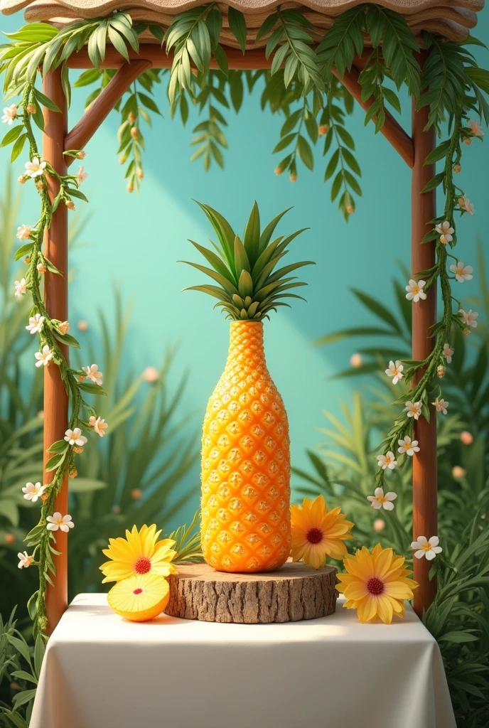 Spawn a Pineapple Wine Stan and on each side of the Pineapple Wine bottle have a pineapple, and that the table where it is placed is square with a white tablecloth with a kind of awning on the top of the table that has the top decorated with palm leaves and on the tubes that support the awning have vines with flowers