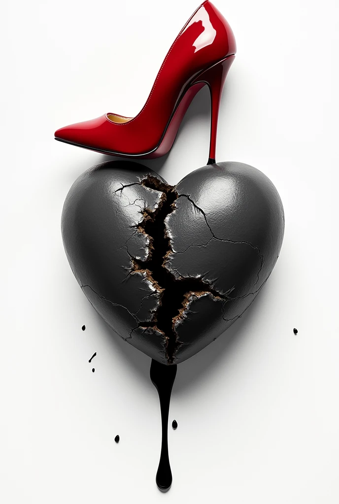 A black and gray heart with a white background,the heart is being stepped on with a red heel and spilling a black liquid,album cover style