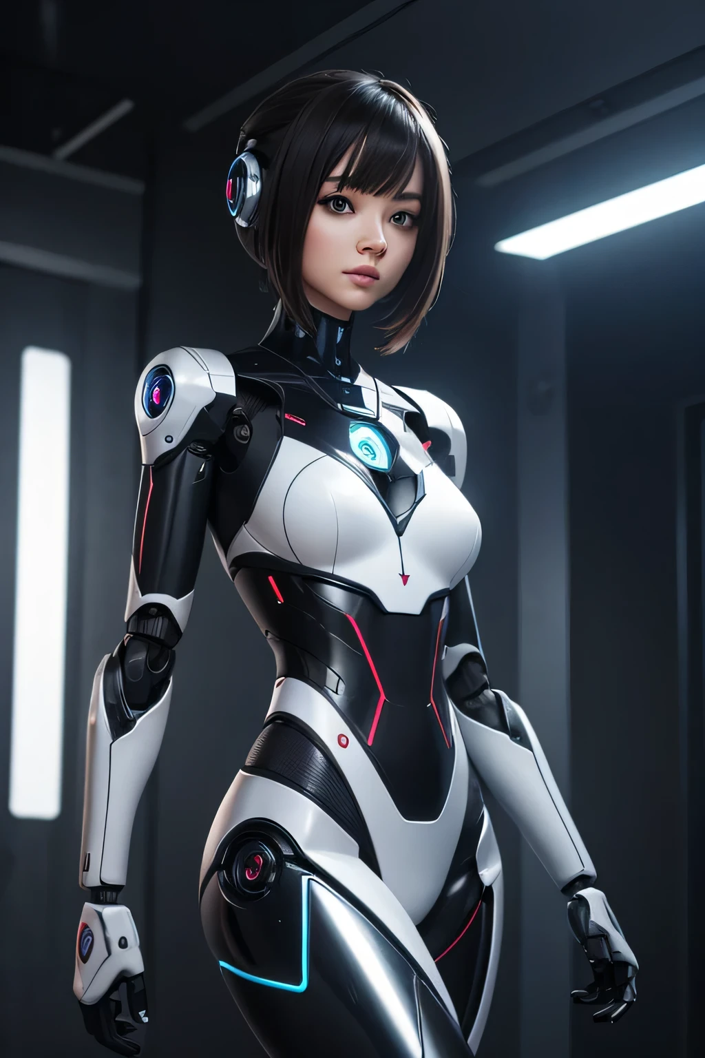 A female robot designed to look like she&#39;s wearing a black rubber suit　From the neck up, it resembles a human female.　Full body portrait　The background is an empty office at night, UHD, retina, masterpiece, accurate, anatomically correct, textured skin, super detail, high details, high quality, award winning, best quality, highres
