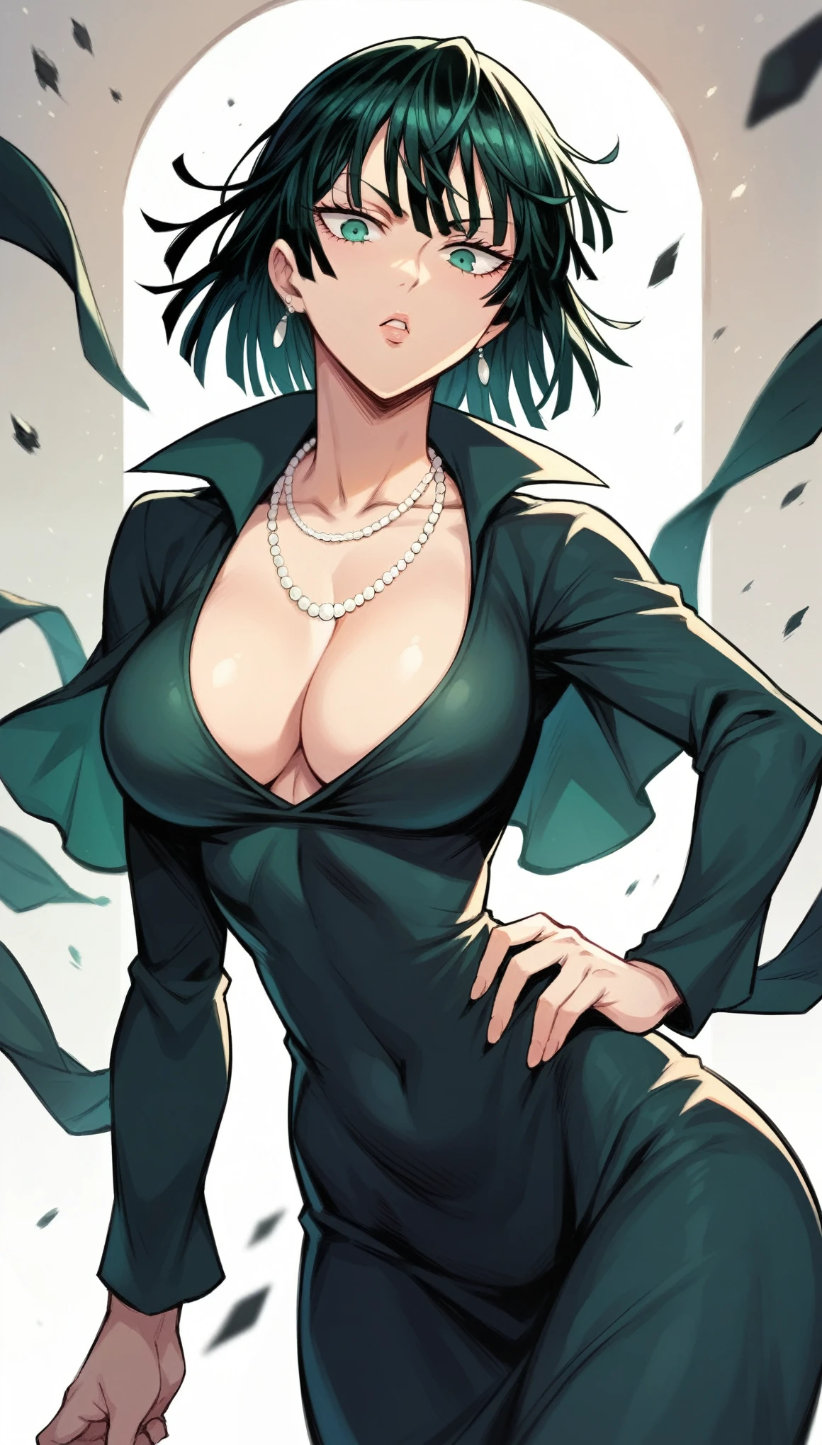 fubuki from one punch man, black dress, cleavage, necklaces