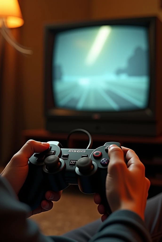 playing playstation 2 on a tube tv, image showing control and tv