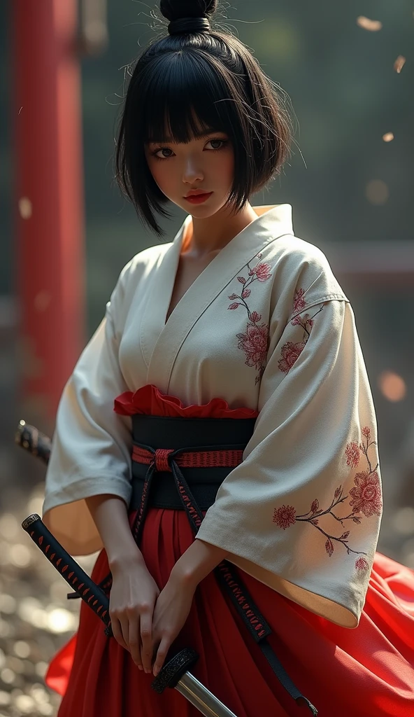 Samurai Girl, Her short black hair was tied back, Wearing a Japanese kimono and hakama, Two Japanese swords are crossed at her waist., ((masterpiece, Highest quality, Best image quality, High resolution, Realistic, RAW Photos, 8k)), ((Highly detailed CG synthesis 8k wallpaper)), (Huge and stunning goddess shot, Very hot and sexy, Incredible beauty, Perfect Proportions, Beautiful body, Slim body beauty:1.4),  