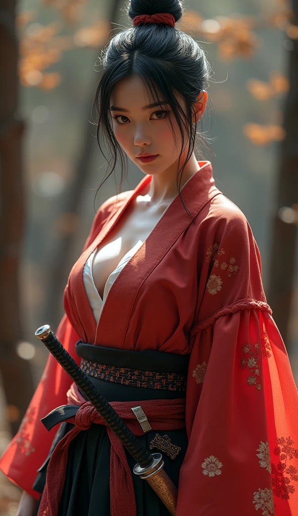 Samurai Girl, Her short black hair was tied back, Wearing a Japanese kimono and hakama, Two Japanese swords are crossed at her waist., ((masterpiece, Highest quality, Best image quality, High resolution, Realistic, RAW Photos, 8k)), ((Highly detailed CG synthesis 8k wallpaper)), (Huge and stunning goddess shot, Very hot and sexy, Incredible beauty, Perfect Proportions, Beautiful body, Slim body beauty:1.4),
