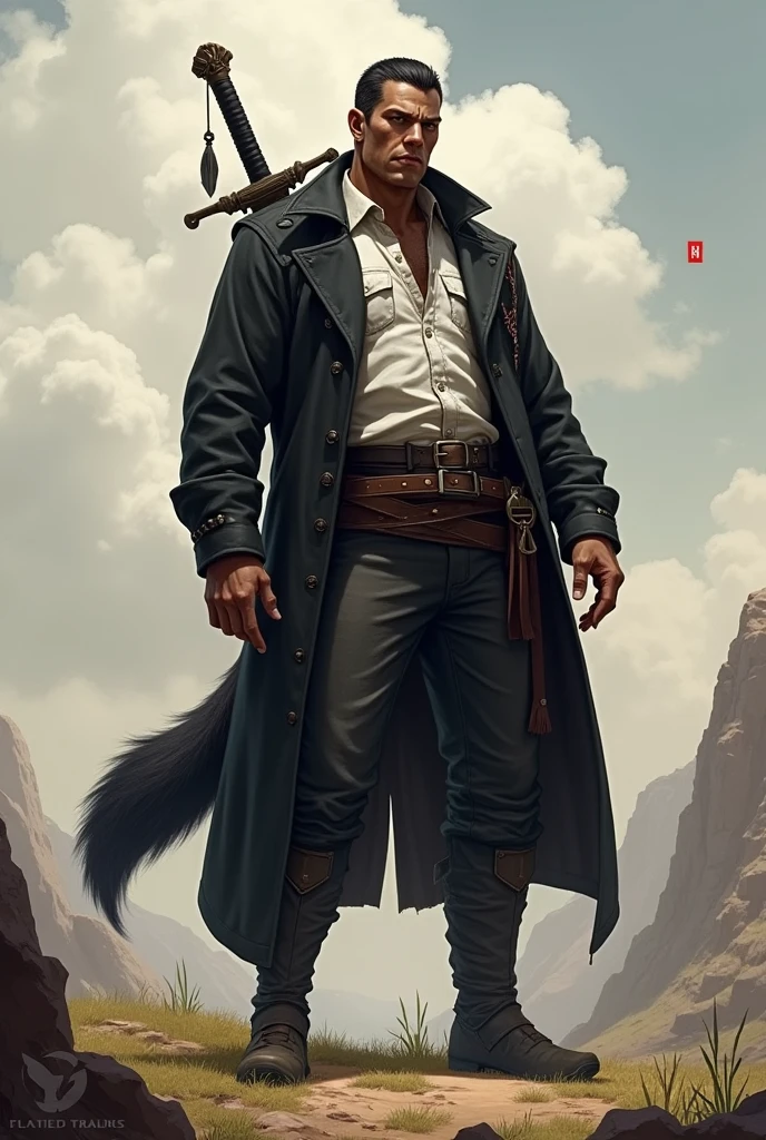 He is a tall indigenous man, 2 meters tall, with a square face and short dark hair and a beardless face with a smooth, clean-shaven face. His eyes are wolf-like and one of them is closed with pointy ears with earrings. He wears a dark black overcoat with a white shirt underneath and dark pants and has a strong physique with broad shoulders and chest and a large wolf tail. A large sword is strapped to his back. I would like the art in a fantasy RPG style. In the Old West