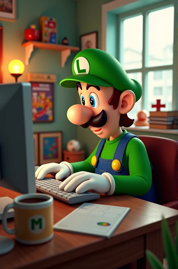 Luiggi from Mario Bros Working on a PC