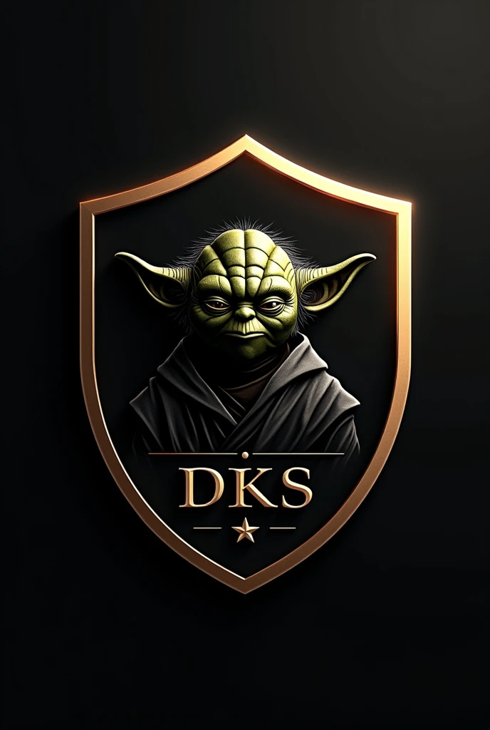 "Create a circular football shield in a modern style, using black and gold colors. Place an image of Yoda at the center of the shield, with a subtle and elegant style. Include the text 'Dark Star Liga Amadora' around the edge of the shield, and the initials 'DKS' prominently in the center, all in a contemporary font. The design should be sharp and in high-definition 4K."