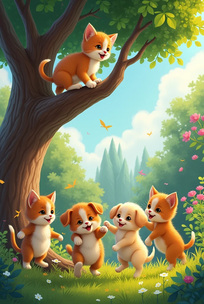 Kittens playing with puppies in a backyard, with a kitten on top of a tree, , for coloring 