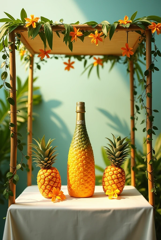 Spawn a Pineapple Wine Stan and on each side of the Pineapple Wine bottle have a pineapple, and that the table where it is placed is square with a white tablecloth with a kind of awning on the top of the table that has the top decorated with palm leaves and on the tubes that support the awning have vines with flowers