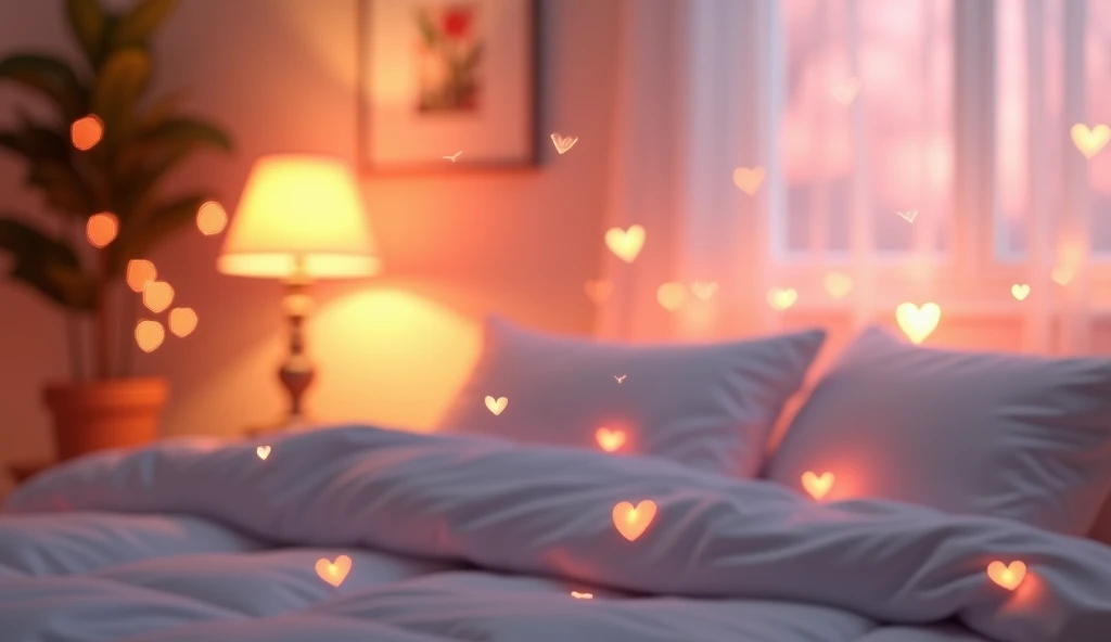 Background image, graphic CG digital art, bed with white sheets, table lamp, heat fairy lights, warm soft light, no people, indoors, heart effects, 2.5D, delicate and dynamic, blurry