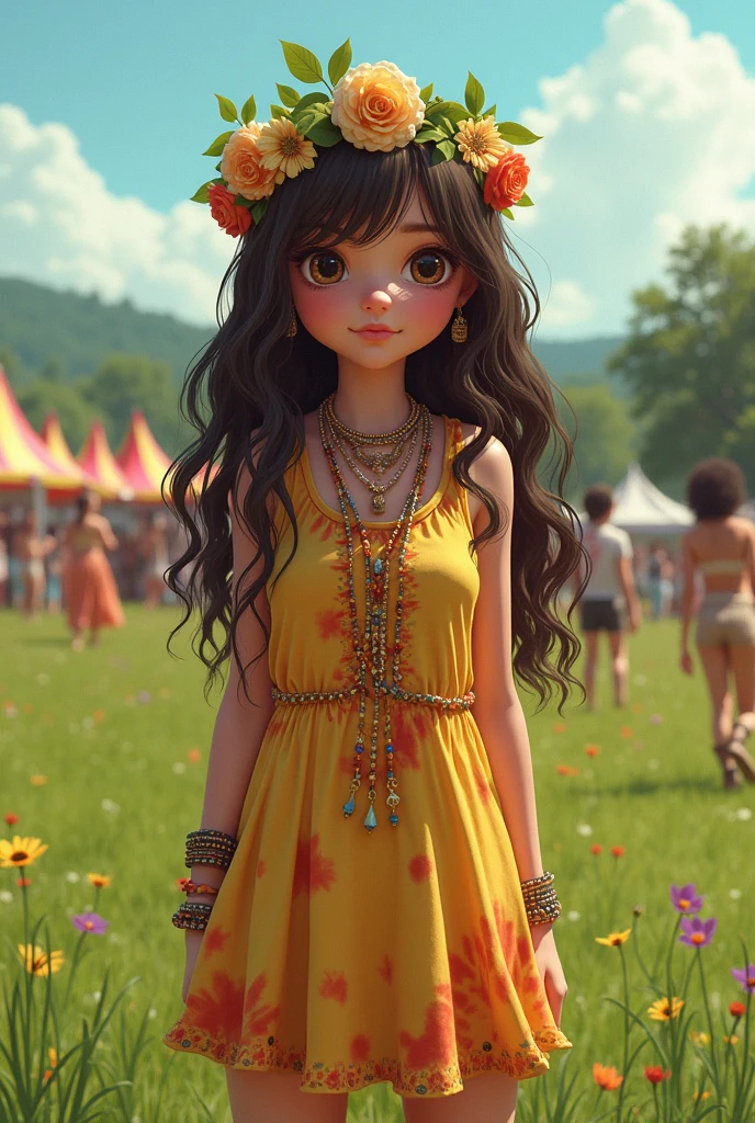 A embarrased short hippie girl at Woodstock . Dressed in sexy hippie clothes