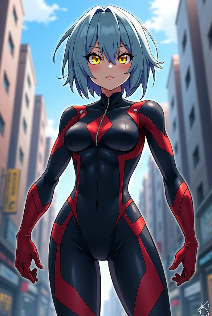 Create a female Bnha oc.
Light blue hair with a black streak, yellow eyes, black red white suit