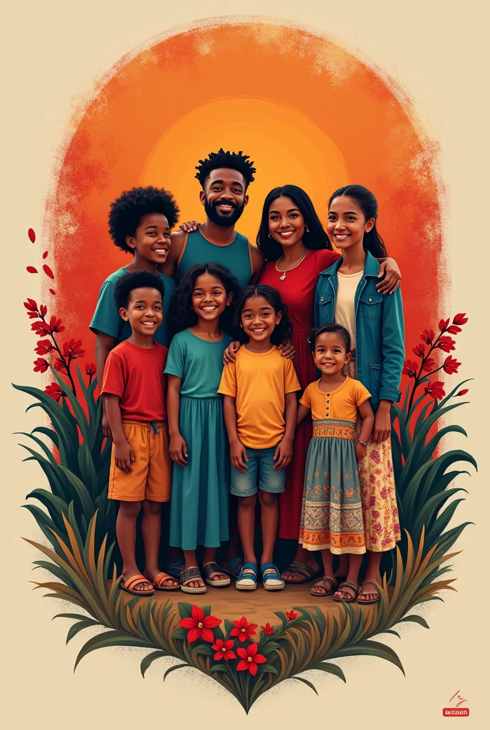Create a drawing of a young Brazilian indigenous man and his mother and father and siblings in their village