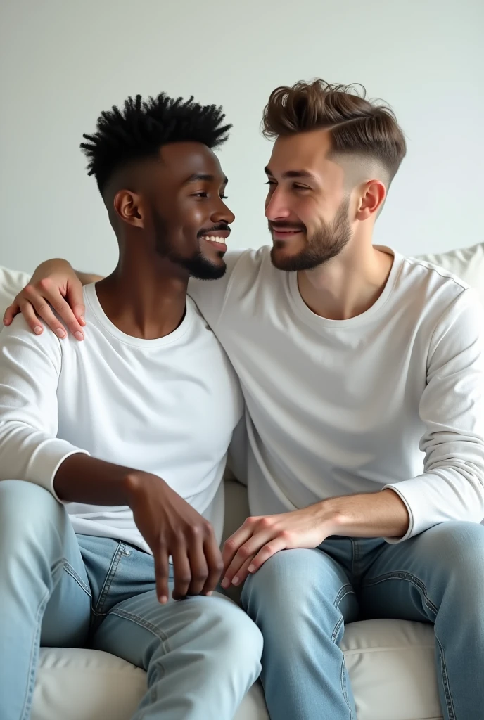 best qualityer:1.4), (ultra high resolution:1.2), (photorrealistic:1.4), (8k, CRU photo:1.2), a thin young man of 20 years old, skin black, Thin arms without weight training. corte de cabelo buzzcut. with a smooth, beardless face, buzzcut haircut short on sides and top, is wearing black jeans. Gray long sleeve shirt. He is sitting on a white sofa in a living room. Buzzcut haircut with a little volume on top. Thin arms without weight training. Corte de cabelo buzzcut. There is another young man next to him. skin fair. sitting not sofa. Dark brown hair with volume. Long-sleeved white shirt. light jeans. He has his hand on the leg of the man next to him. Camera is focusing on their face. They are not hugging 