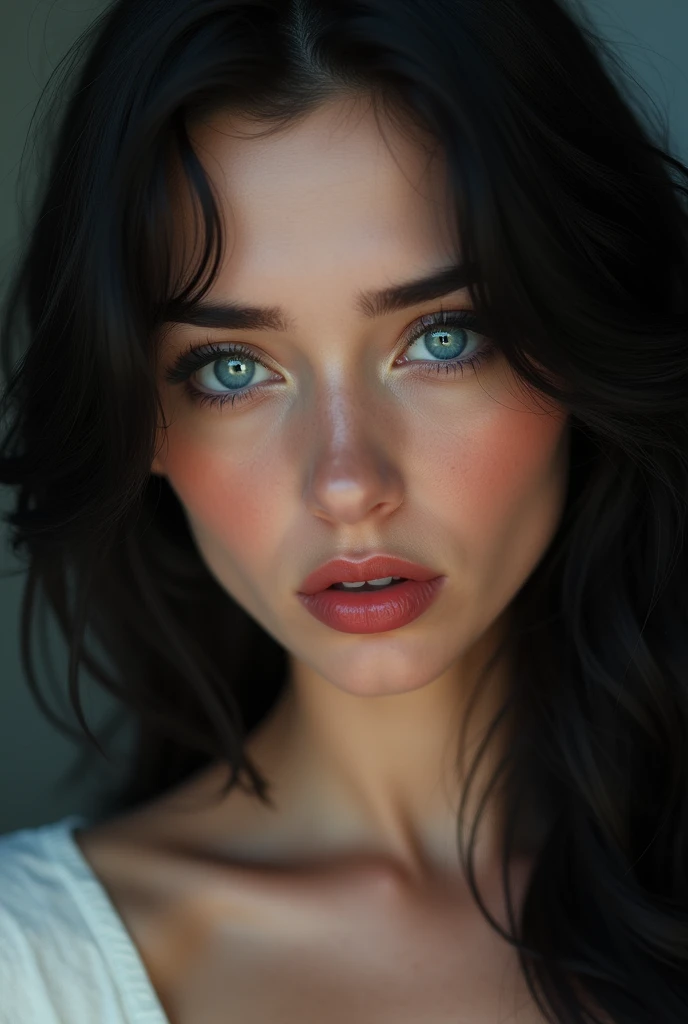 The face of a beautiful European woman, with turquoise blue eyes, perfect  skin, wavy black hair, white and full skin, red lips making an orgasm face with sad eyebrows and open mouth