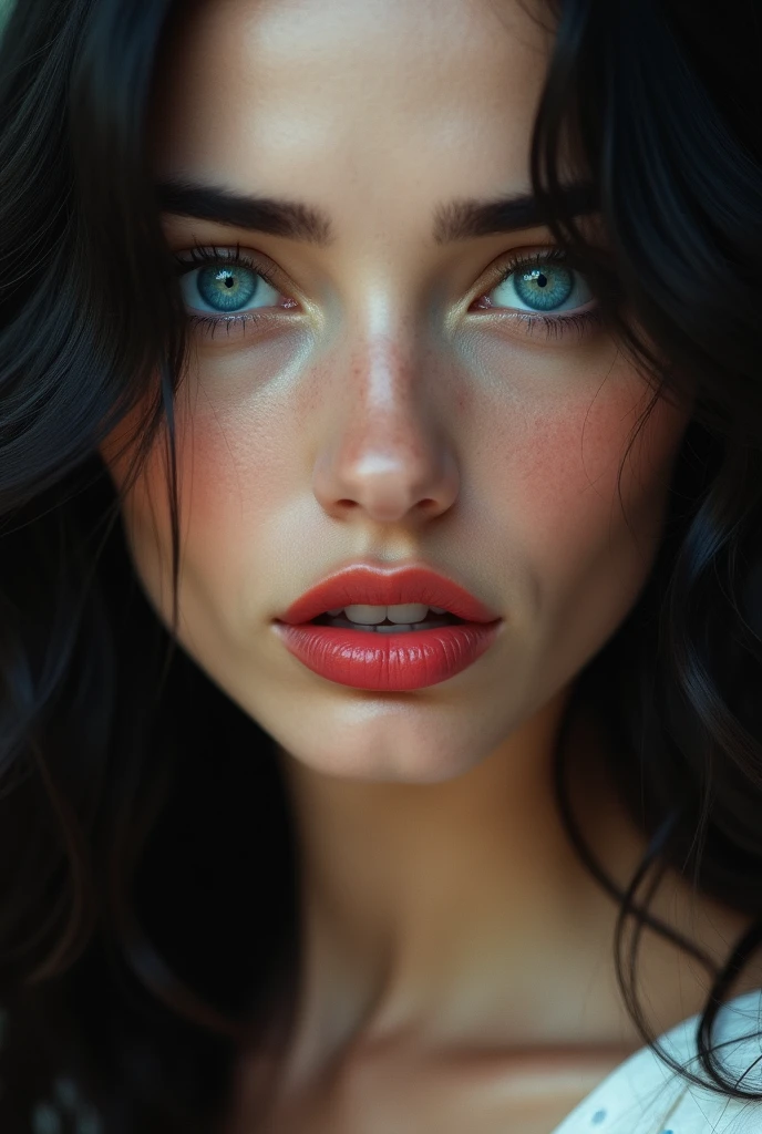 The face of a beautiful European woman, with turquoise blue eyes, perfect  skin, wavy black hair, white and full skin, red lips making an  with sad eyebrows and open mouth
