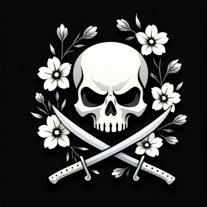 PALE SKULL LOGO WITH MYTHICAL WHITE FLOWERS FRAME AND KNIVES BLACK BACKGROUND ANIMATED CARTOON
