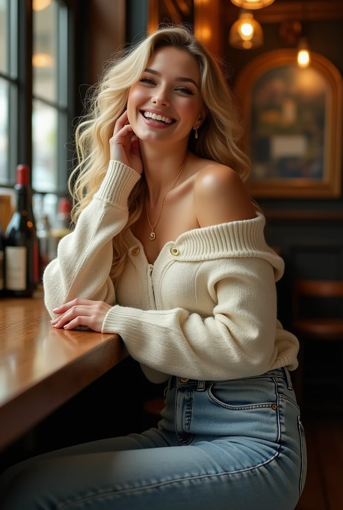 masterpiece, best quality, extremely detailed, hyperrealistic, photorealistic, a beautiful 20s french model, at bar, face down, ivory sweater:1.2, tight jeans, ultra detailed face, long hair, blonde hair, pale skin, busty breasts, laughing