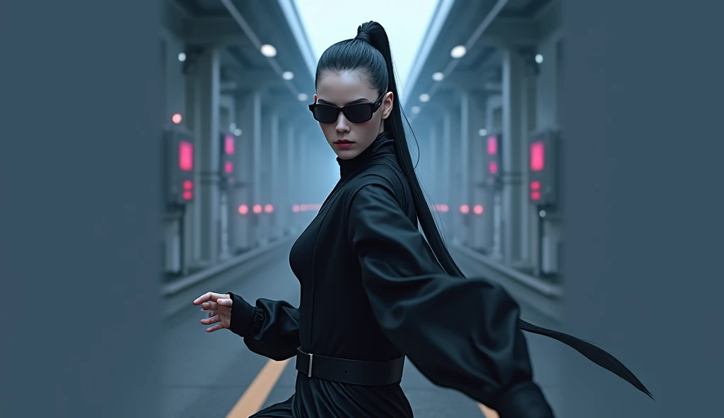 matrix trinity,kung fu,(masterpiece, Best Quality, High resolution, 32K HDR)), (Perfect portrait of trinity00:1.15), (black body suit:1.1, realistic Trinity sunglasses:1.1), Ultra detailed eyes, hyper derailed face, Detailed mouth, Detailed skin texture, (Atmospheric lighting), Shot with Aricum LT camera, ( on the highway:1.1, Huge breasts:1.15),