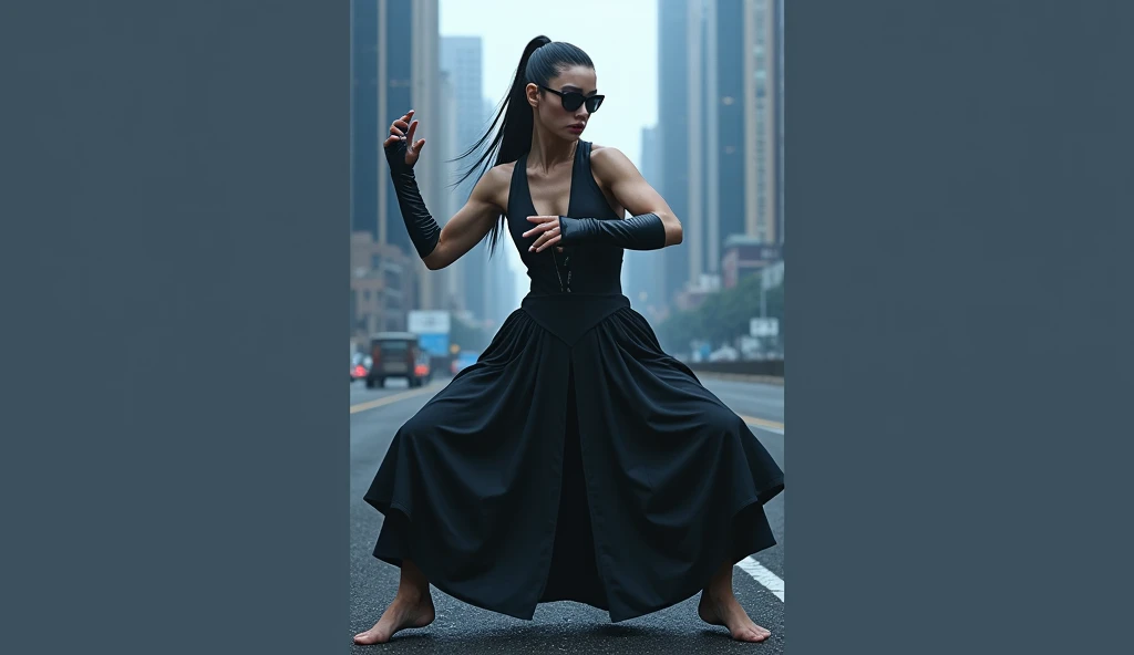 matrix trinity,kung fu,(masterpiece, Best Quality, High resolution, 32K HDR)), (Perfect portrait of trinity00:1.15), (black body suit:1.1, realistic Trinity sunglasses:1.1), Ultra detailed eyes, hyper derailed face, Detailed mouth, Detailed skin texture, (Atmospheric lighting), Shot with Aricum LT camera, ( on the highway:1.1, Huge breasts:1.15),