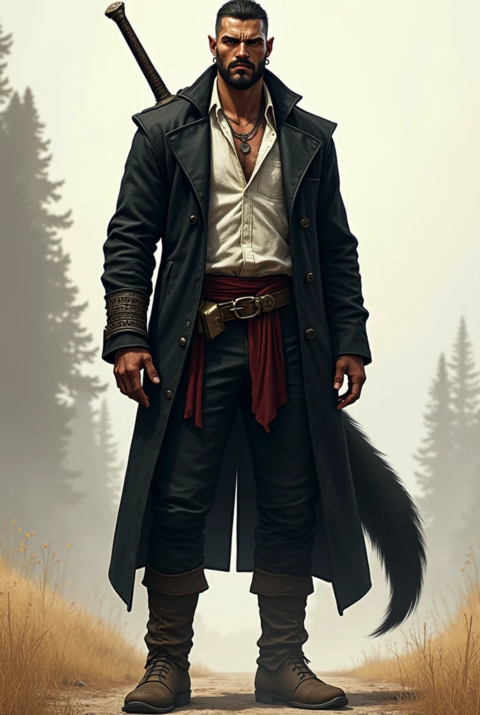 He is a tall indigenous man, 2 meters tall, with a square face and short dark hair and a beardless face with a smooth, clean-shaven face. His eyes are wolf-like and one of them is closed with pointy ears with earrings. He wears a dark black overcoat with a white shirt underneath and dark pants and has a strong physique with broad shoulders and chest and a large wolf tail. A large sword is strapped to his back. I would like the art in a fantasy RPG style. In the Old West