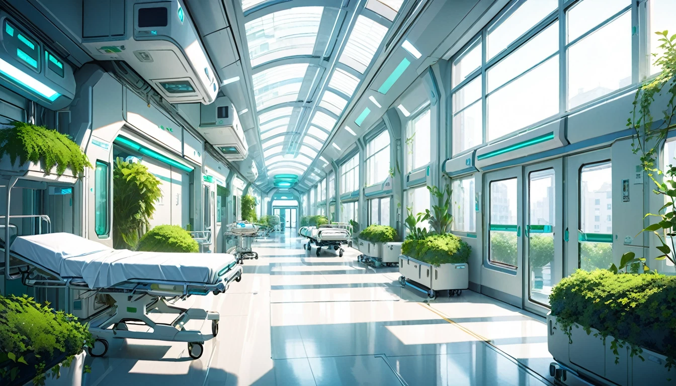 Corridors of a futuristic hospital, from an eco-futuristic city, hospital with stretchers and medical equipment, green plants and shrubs, building with large windows and good lighting.