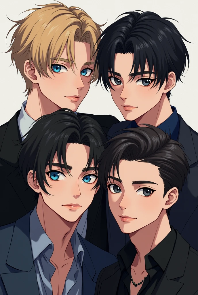 4 sexy boys 2 are blond and have blue eyes and 2 have black hair and gray eyes