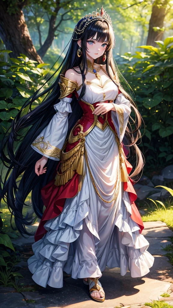 アニメ , an 18 year old princess, pretty, {gold tiara with sapphire and ruby stones}, {face perfect}, {Bblack hair}, {blue colored eyes}, {asymmetrical eyes}, {perfect nose}, {red lips}, {full body 5.0}, {{{silver red armor, detailed}}}, {walking, in a forest} 

{8k image}, {128k ultra resolution}, {ultra quality 128k}, {128k high quality sharpness}
