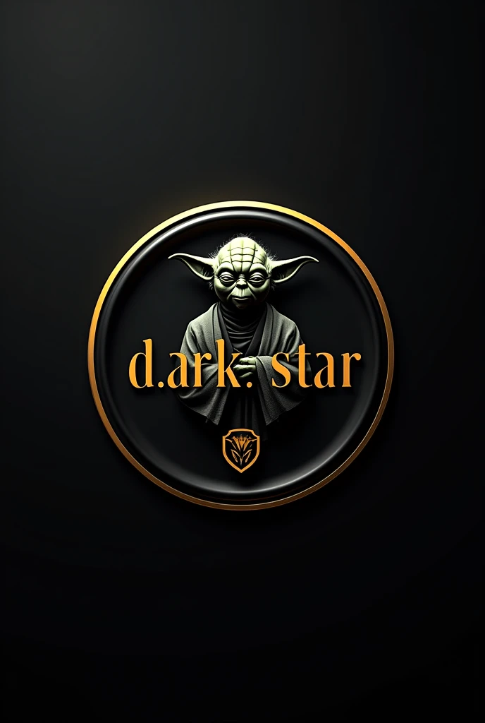 
"Create a circular football shield in a modern style, using black and gold colors. Place an image of Yoda at the center of the shield, with a subtle and elegant style. Include the text 'Dark Star Liga Amadora' around the edge of the shield, and the initials 'DKS' prominently in the center, all in a contemporary font. The design should be sharp and in high-definition 4K."