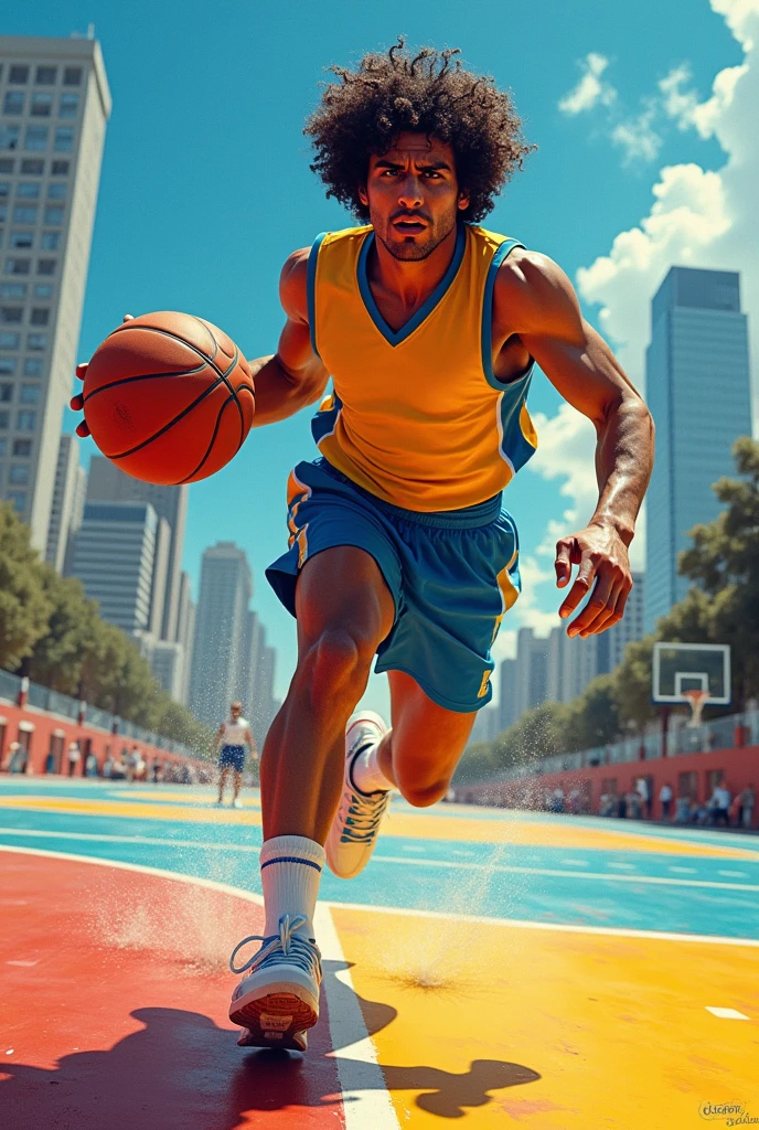 Foto realistik :A high school boy, 20 year old Trafford is playing sports on the basketball court. He has a short hairstyle and wears a brightly colored school sports uniform. The background is a basketball court with lines. Hd