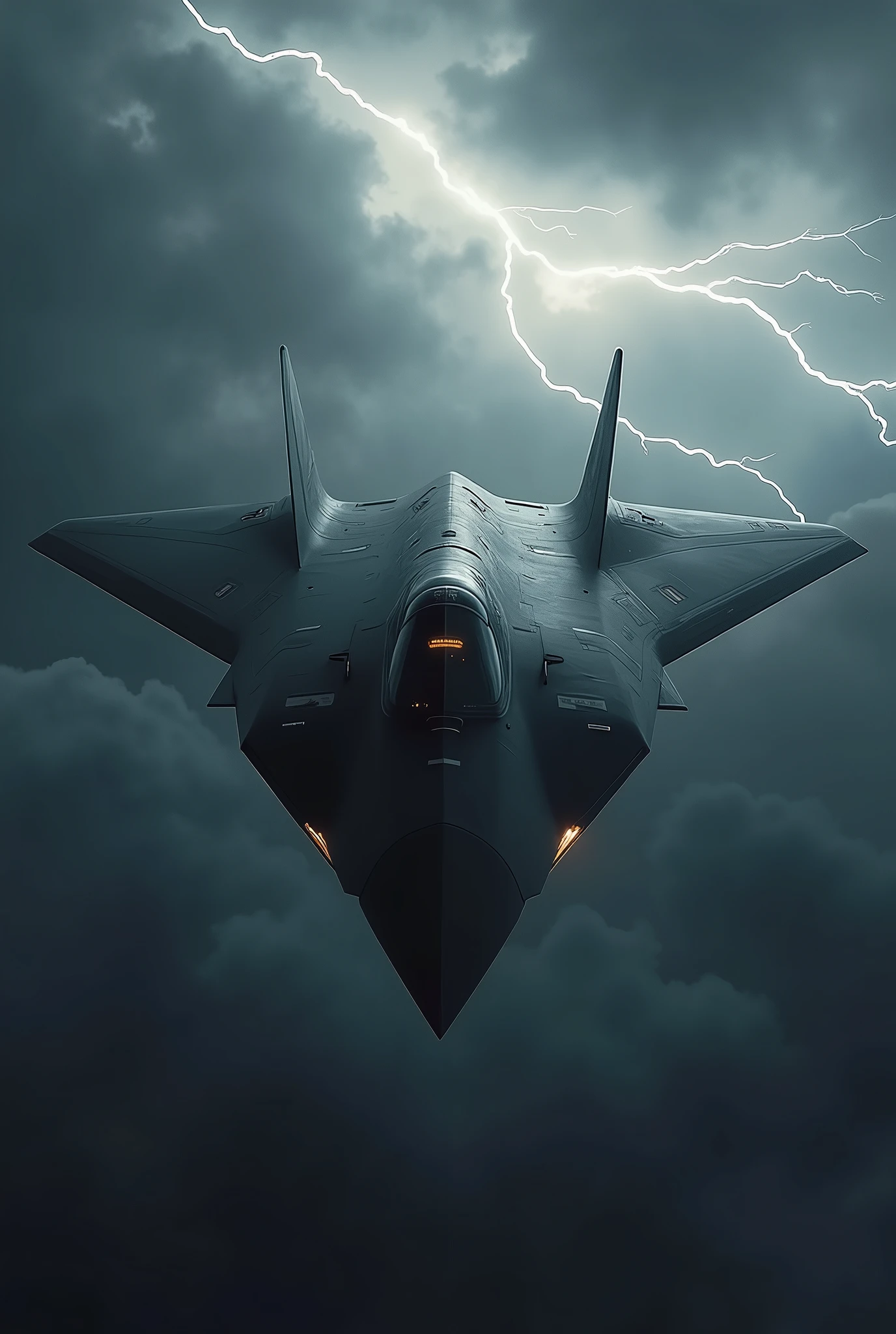 a mysterious aircraft, Lockheed F-117 Nighthawk, in the cloudy sky with lightning and thunder, "The Insane Engineering of the F-117" text in front, highly detailed, cinematic lighting, photorealistic, dramatic, moody, dark atmosphere, glowing cockpit, dramatic clouds, volumetric lighting, hyperrealistic, muted color palette, chiaroscuro, ultra-detailed, 8k, best quality