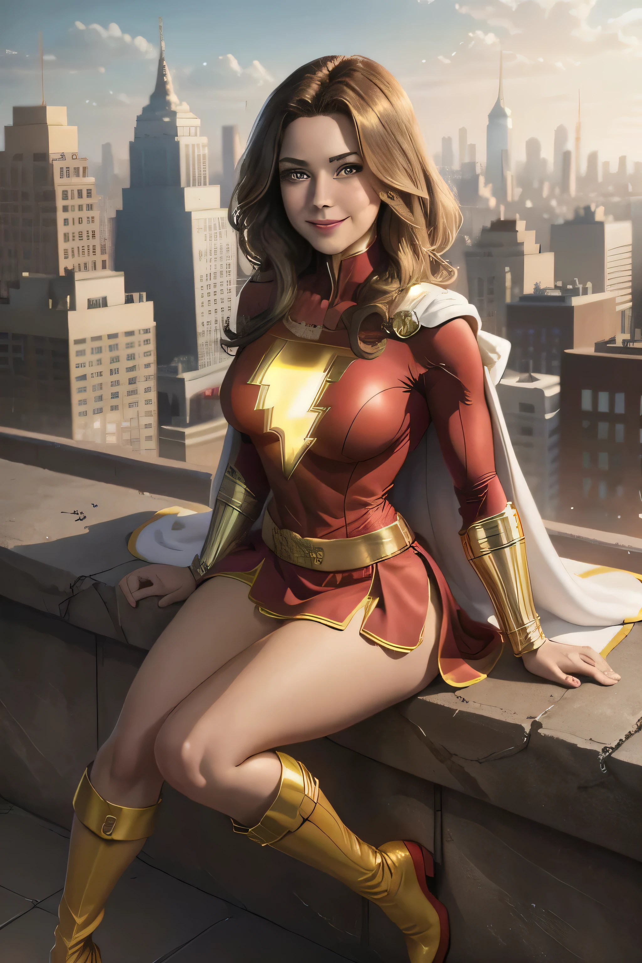 masterpiece, best quality,  mary marvel, white cape, red dress, red skirt, long sleeves, bracer, large breasts, smile, looking at viewer, cityscape, rooftop, smile, yellow boots, sitting, short hair