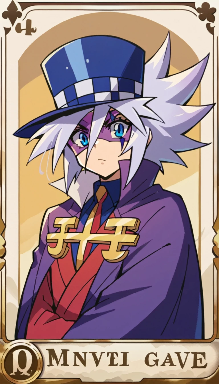 Highest quality,Masterpiece,Pro Art,8k,Based on anatomy,silk hat,Card Throwing,Light purple hair,Eye mask,Purple Cape,Japan animated style,kait8uj8ker, white hair, spiked hair, Blue eyes,Huge muscles,