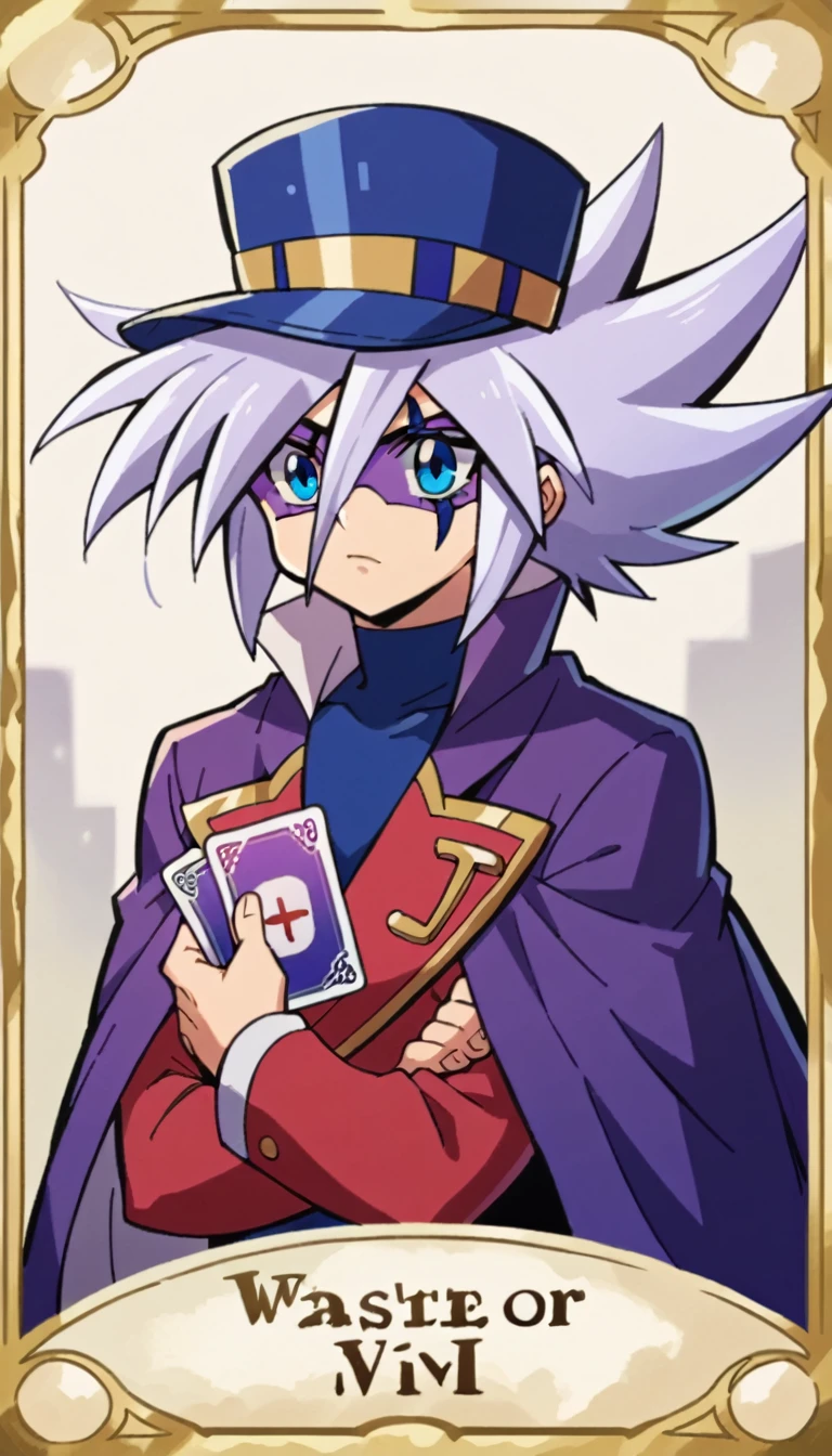 Highest quality,Masterpiece,Pro Art,8k,Based on anatomy,silk hat,Card Throwing,Light purple hair,Eye mask,Purple Cape,Japan animated style,kait8uj8ker, white hair, spiked hair, Blue eyes,Huge muscles,