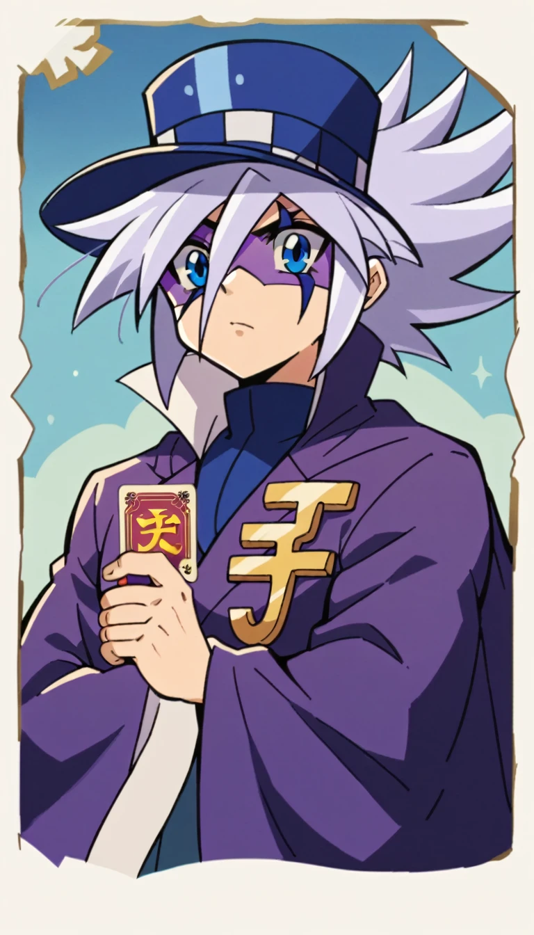 Highest quality,Masterpiece,Pro Art,8k,Based on anatomy,silk hat,Card Throwing,Light purple hair,Eye mask,Purple Cape,Japan animated style,kait8uj8ker, white hair, spiked hair, Blue eyes,Huge muscles,