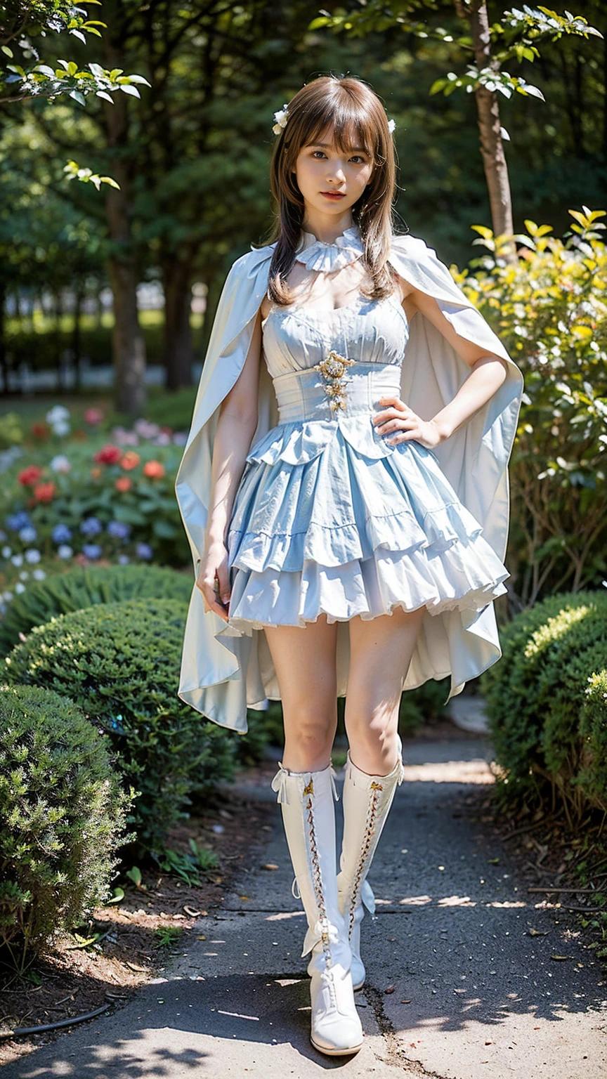 (8k、RAW Photos、Highest quality、masterpiece:1.2)、(Realistic、Realistic)、1 person、((White and light blue、garden、Frills、Cape、mini skirt、Thin legs、whole body、boots、View from the front、Looking into the camera、Stand with hands on hips))、cute