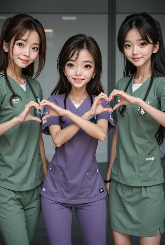 photograph, cowboy shot, three women with hands together making heart shape, smiling beautiful Japanese female nurses wearing nurse uniform, hourglass figure, beautiful detailed face, black hair, pale skin, fair skin, realistic skin, detailed cloth texture, detailed hair texture, Perfect proportion, Anatomically correct, Highly detailed face and skin texture, private modern hospital room, looking at viewer, asian face , perfect anatomy, realistic