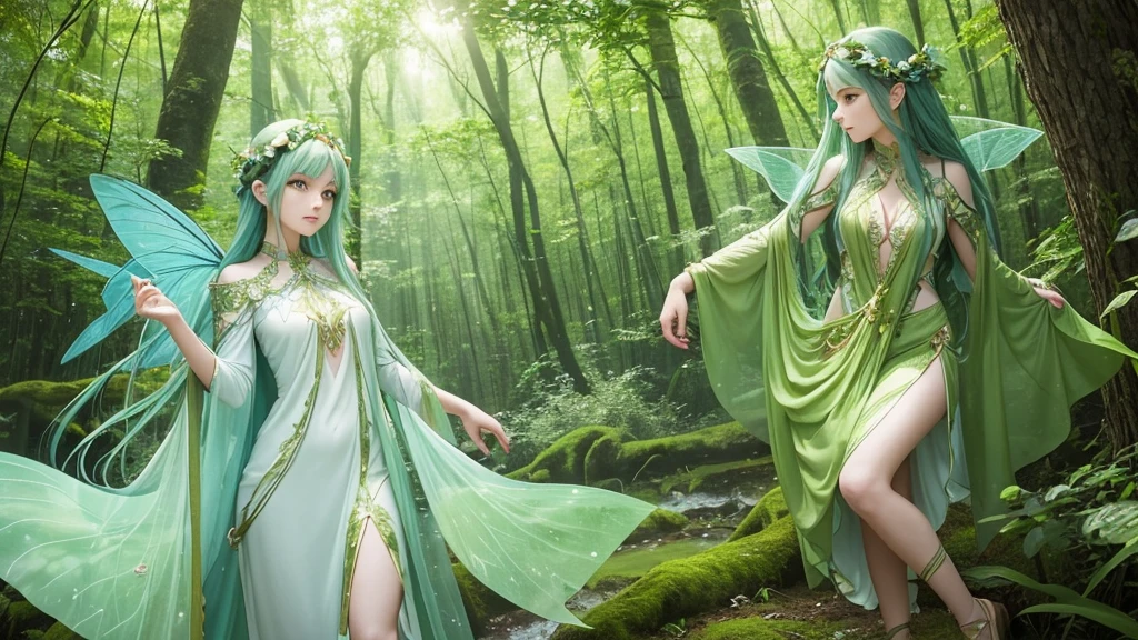 "A Leaf Fairy, a mystical creature connected deeply with nature and the wind. She has flowing green hair, delicate wings resembling leaves and flowers, and eyes that exude the vitality of nature. Though she appears to be in her early 20s, her true age is unknown, adding to her enigmatic aura. She is dressed in modest, plant-based clothing that emphasizes her close bond with the earth. Her expression is always gentle and calm, with a motherly smile that radiates warmth and serenity. New Leaf Fairies emerge from the ancient trees and fertile ground within lush forests, continuing the cycle of life in harmony with the natural world."
