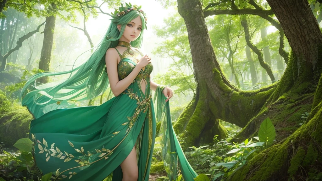 "A Leaf Fairy, a mystical creature connected deeply with nature and the wind. She has flowing green hair, delicate wings resembling leaves and flowers, and eyes that exude the vitality of nature. Though she appears to be in her early 20s, her true age is unknown, adding to her enigmatic aura. She is dressed in modest, plant-based clothing that emphasizes her close bond with the earth. Her expression is always gentle and calm, with a motherly smile that radiates warmth and serenity. New Leaf Fairies emerge from the ancient trees and fertile ground within lush forests, continuing the cycle of life in harmony with the natural world."