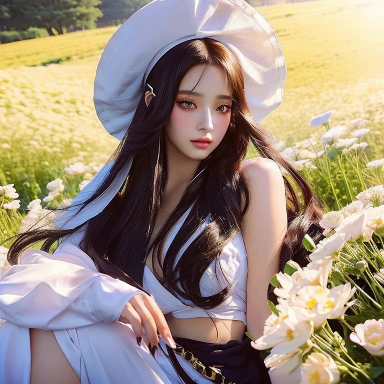 anime girl with long hair and a white turban sitting in a field of flowers, anime brunette, brunette anime manga girl, bohemia chic | | very lively!!!, guweiz style artwork, anime vibes, anime in fantasy style, black anime pupils in his eyes, official art, anime visual of a young woman, jisoo from blackpink, popular south korean makeup, quality detailed ,(beautiful makeup :1. big breasts, heavy breasts, defined waist