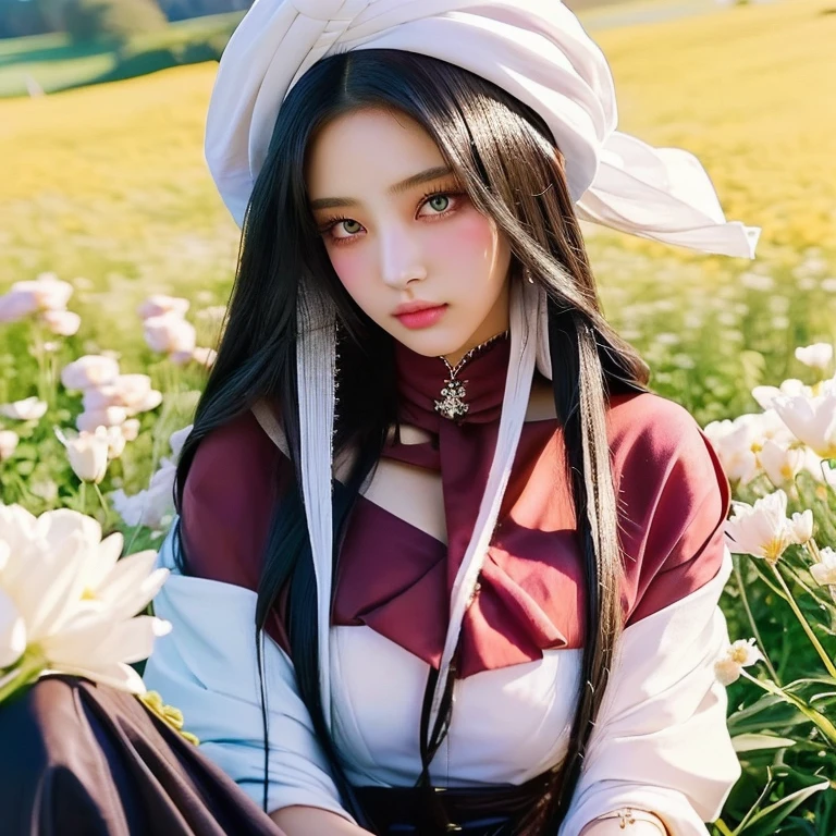 anime girl with long hair and a white turban sitting in a field of flowers, anime brunette, brunette anime manga girl, bohemia chic | | very lively!!!, guweiz style artwork, anime vibes, anime in fantasy style, black anime pupils in his eyes, official art, anime visual of a young woman, jisoo from blackpink, popular south korean makeup, quality detailed ,(beautiful makeup :1. big breasts, heavy breasts, defined waist
