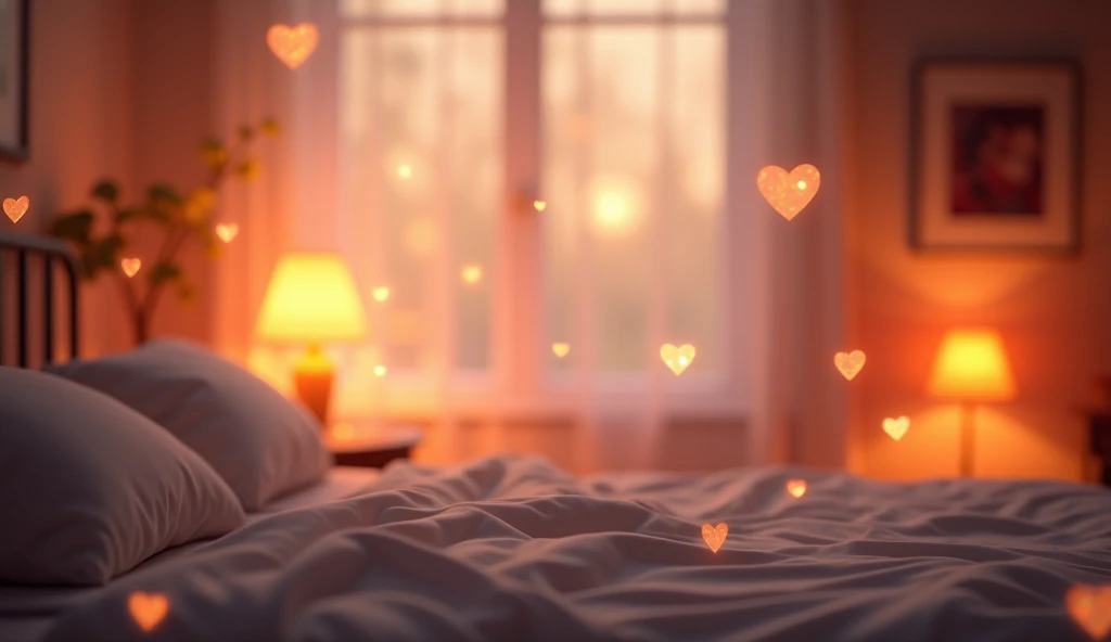 Background image, graphic CG digital art, bed with white sheets, table lamp, heat lights, warm soft light, no people, indoors, heart effects, 2.5D, delicate and dynamic, blurry 