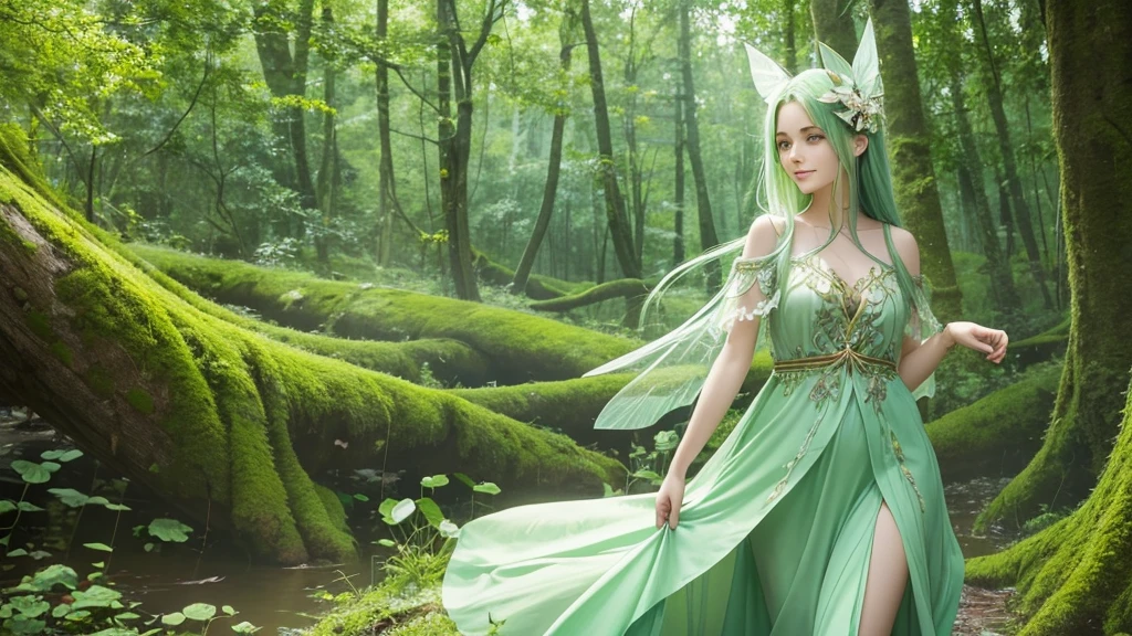 "A Leaf Fairy, a mystical creature connected deeply with nature and the wind. She has flowing green hair, delicate wings resembling leaves and flowers, and eyes that exude the vitality of nature. Though she appears to be in her early 20s, her true age is unknown, adding to her enigmatic aura. She is dressed in modest, plant-based clothing that emphasizes her close bond with the earth. Her expression is always gentle and calm, with a motherly smile that radiates warmth and serenity. New Leaf Fairies emerge from the ancient trees and fertile ground within lush forests, continuing the cycle of life in harmony with the natural world."