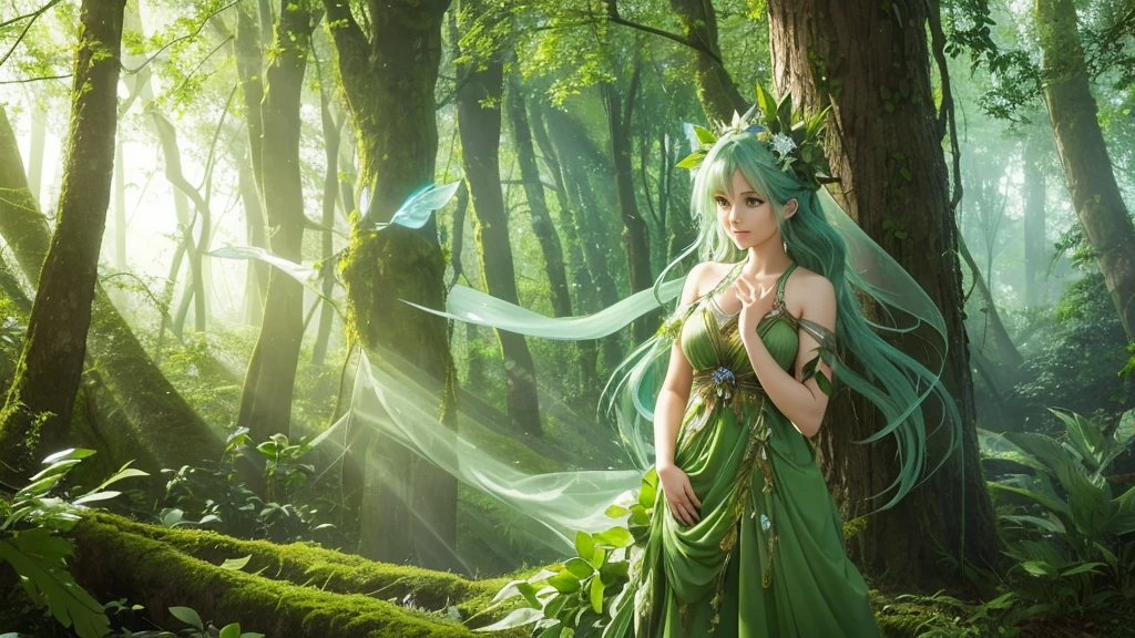 "A Leaf Fairy, a mystical creature connected deeply with nature and the wind. She has flowing green hair, delicate wings resembling leaves and flowers, and eyes that exude the vitality of nature. Though she appears to be in her early 20s, her true age is unknown, adding to her enigmatic aura. She is dressed in modest, plant-based clothing that emphasizes her close bond with the earth. Her expression is always gentle and calm, with a motherly smile that radiates warmth and serenity. New Leaf Fairies emerge from the ancient trees and fertile ground within lush forests, continuing the cycle of life in harmony with the natural world."